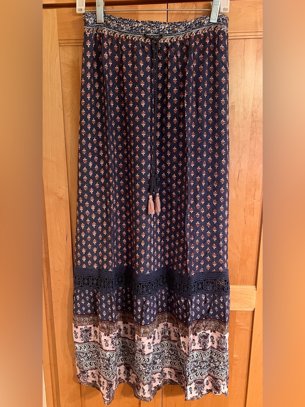 Knox Rose Navy and Pink Floral Border Maxi Skirt Size Small